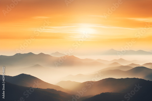 Natural fog and mountains sunlight background blurring, misty waves warm colours and bright sun light. Christmas background sky sunny color orange light patterns, abstract flare evening on clouds blur © sam