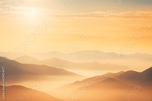 Natural fog and mountains sunlight background blurring  misty waves warm colours and bright sun light. Christmas background sky sunny color orange light patterns  abstract flare evening on clouds blur