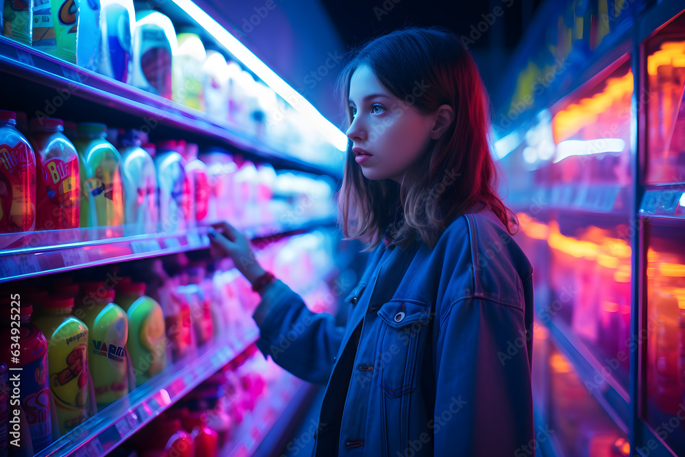 Young woman buying groceries in a supermarket at night