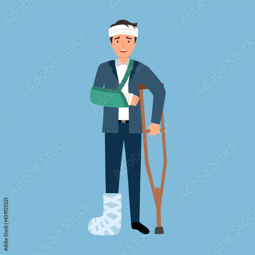 Fotomurale Injured businessman bandages crutches wearing arm sling in flat design
