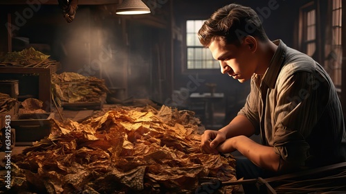 An elderly man meticulously working with tobacco leaves before they are processed, preserving a centuries-old tradition. Generative AI © Sebastián Hernández