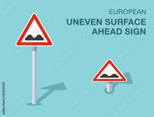 Traffic regulation rules. Isolated european uneven surface ahead sign. Front and top view. Flat vector illustration template.