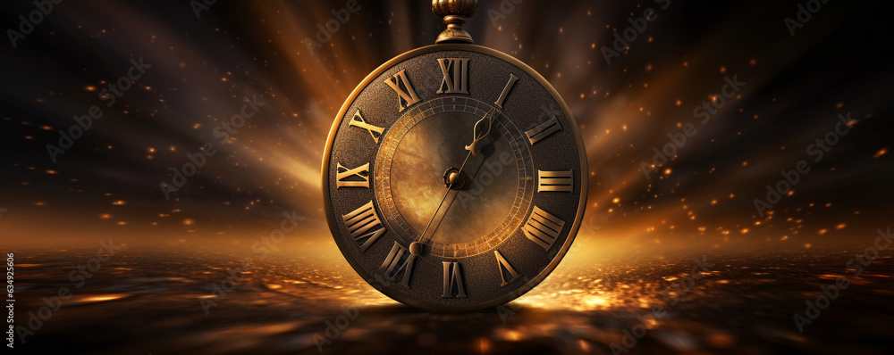 clock on glittering midnight golden light with copy space - obrazy, fototapety, plakaty 