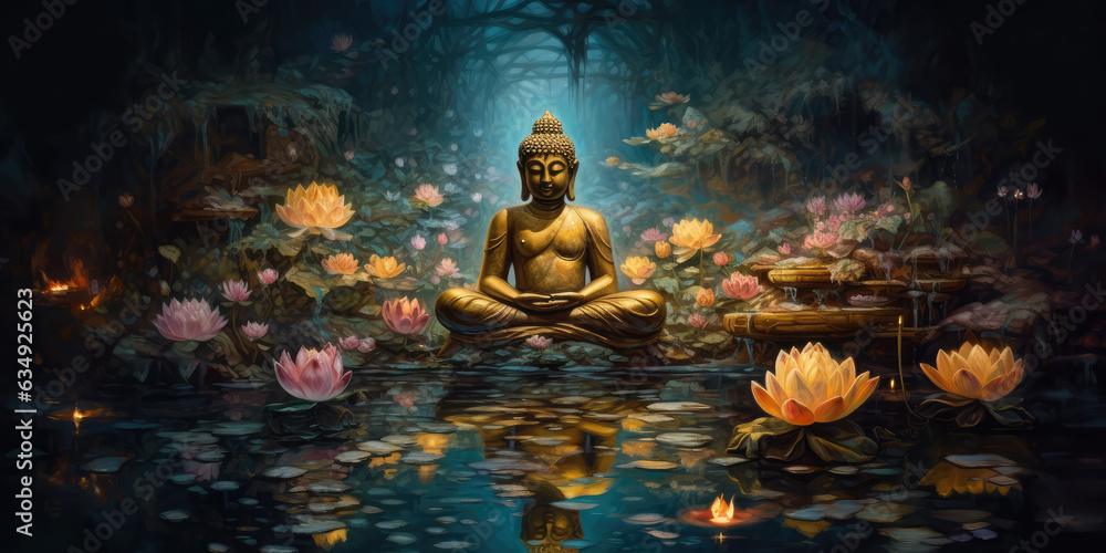 glowing Lotus flowers and gold buddha statue, generative AI	
 - obrazy, fototapety, plakaty 