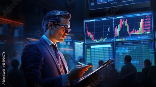 An analyst deeply focused on evaluating the financial market, surrounded by screens, control panels, and tracking charts. Generative AI