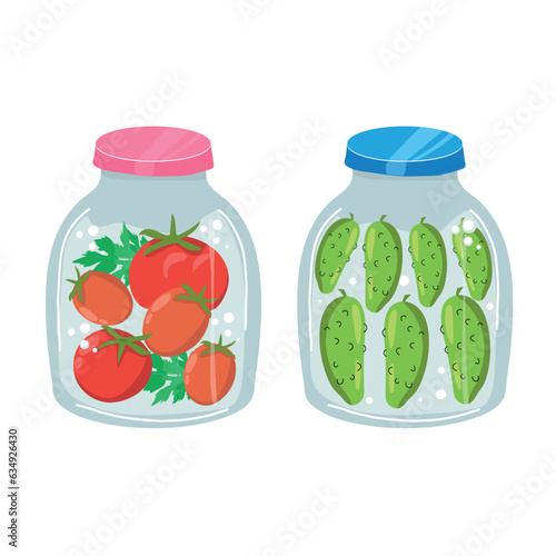 Set Homemade jars of preserving the vegetables. Autumn harvest season. Vector illustration