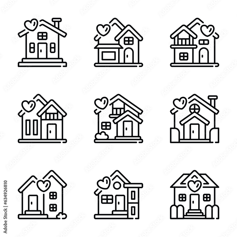 Set of house with heart line icon vector Set of house with heart line icon vector