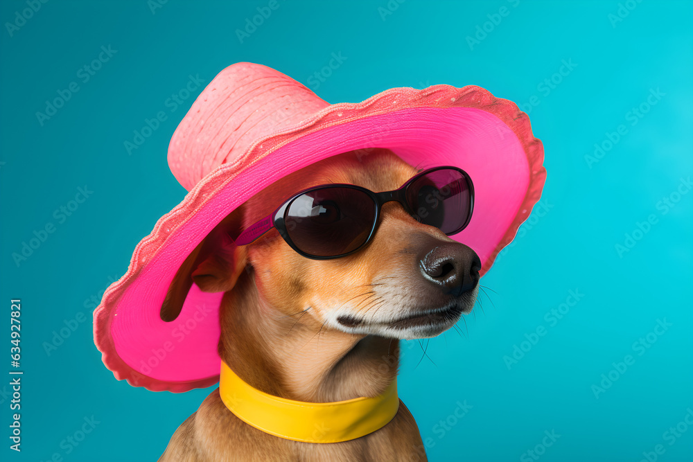 funny portrait of dog wearing sunglasses and sun hat on plain background