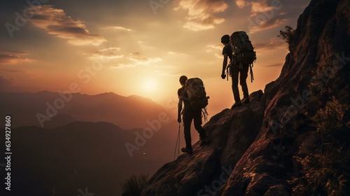 a couple of people hiking up a mountain