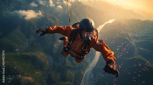 a person skydiving in the mountains
