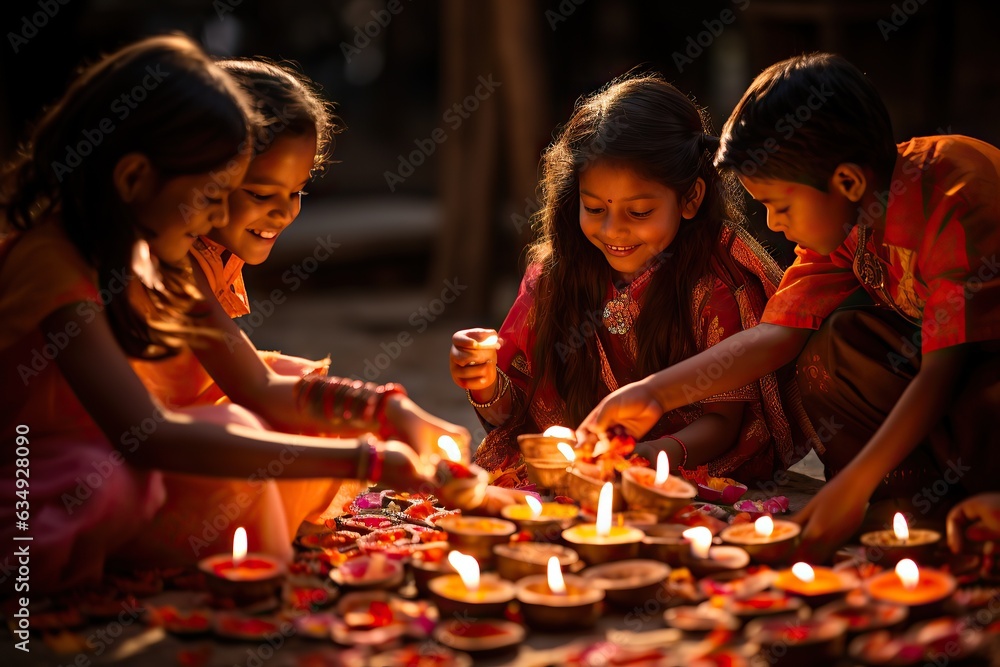 Indian girls light fires for diwali festival - obrazy, fototapety, plakaty 