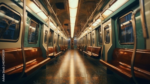 a subway train with green and white interior