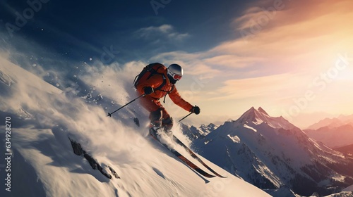 a skier going down a snowy mountain photo