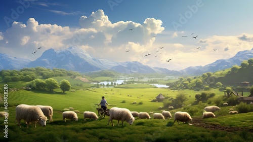 a person riding a horse in a field of sheep