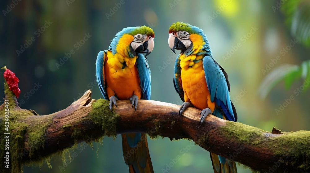 a couple of colorful birds on a branch