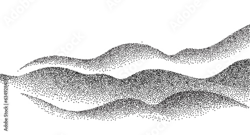 Dotwork mountain grain pattern. Grainy hill with dotted noise and grunge texture. Landscape and terrain in dotwork style. Stippled gradient mountains. Noisy stochastic background Pointillism texture