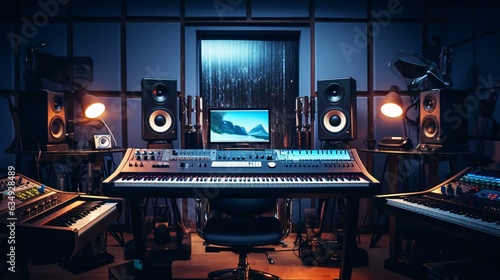 a room with a piano and speakers photo