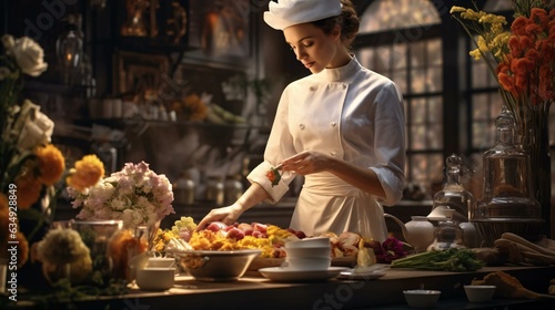 a woman in a chef's uniform preparing food © KWY