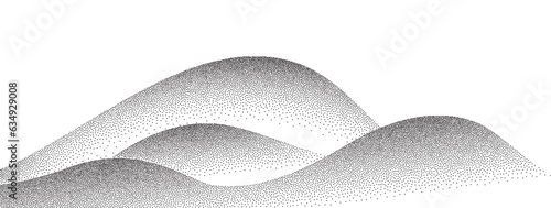 Dotwork hills grain pattern. Grainy mountain with dotted noise and grunge texture. Landscape and terrain in dotwork style. Stippled gradient mountains. Noisy stochastic background Pointillism texture
