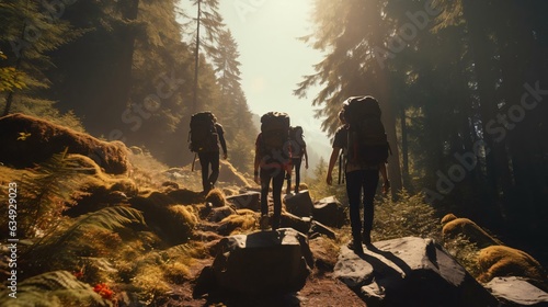 a group of people hiking in the woods