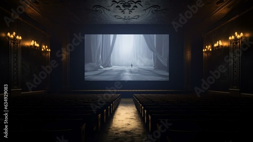 a stage with a screen and a bench in front of it