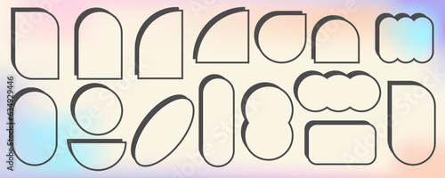 Abstract geometric elements for design. Neobrutalism graphic shapes. Minimal groovy Y2k retro stickers. Set of retro labels. Simple vector frames.