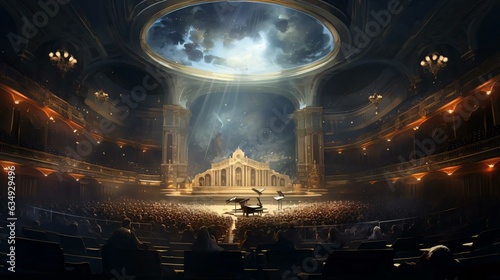 a stage with a crowd in front of a stage with a large dome