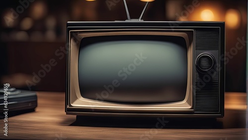  illustration of an old retro television in a dimly lit room. The television is the focal point, casting a warm glow in the otherwise dark space