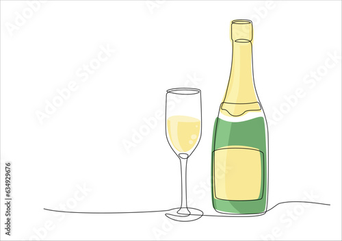 Bottle of champagne with champagne glass continuous one line drawing. Single line drawing of bottle with alcohol, glassware and color shapes. Line art style for restaurant menu, poster, banner. Vector