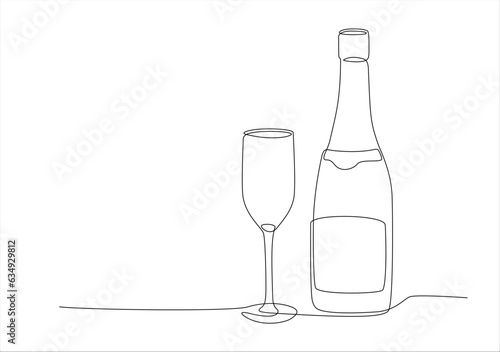 Continuous single line drawing of Bottle of champagne with champagne glass. One line drawing of bottle with alcohol and glassware. Line art style for restaurant menu, poster, banner. Editable stroke