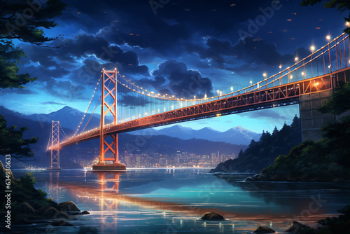 View of a bridge in a Japanese city in anime style