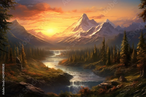 Inspiration Capture the tranquility of a majestic mountain range as the sun rises, Generated with AI