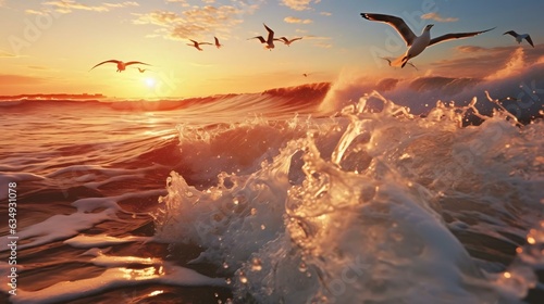 birds flying over a wave