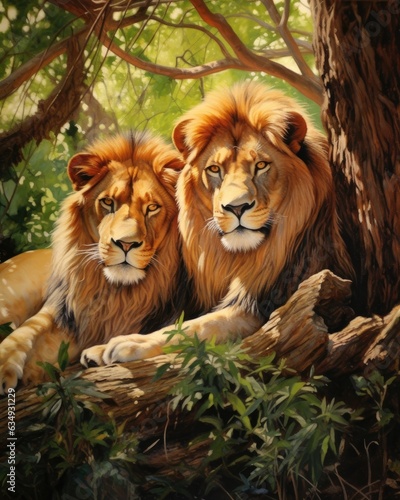 Lions peacefully resting together under a shady tree.