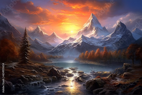 Capture the tranquility of a majestic mountain range as the sun rises  Generated with AI