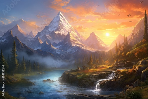 Inspiration from The Lord of the Rings. Capture the tranquility of a majestic mountain range as the sun rises, Generated with AI