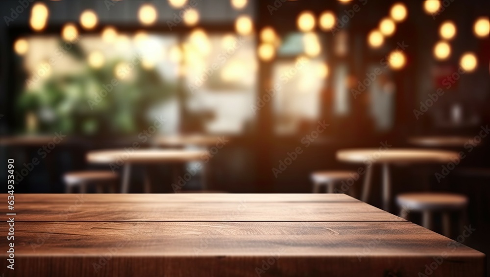 Urban Lifestyle in Blurred Background. Cafe Ambience with Wooden Tables and Bokeh Lights Urban Lifestyle in Blurred Background. Cafe Ambience with Wooden Tables and Bokeh Lights