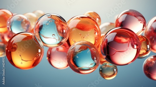 Create a photorealistic scene of flying spheres made of different shades of colored glass and in different sizes, clean background. realistic depiction of refraction, the scene should shine in bright 