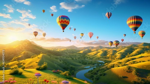 a group of hot air balloons in the sky over a valley