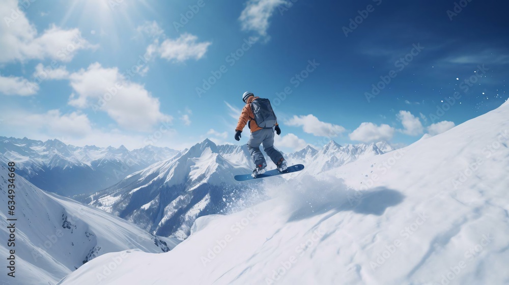 a snowboarder going down a snowy mountain