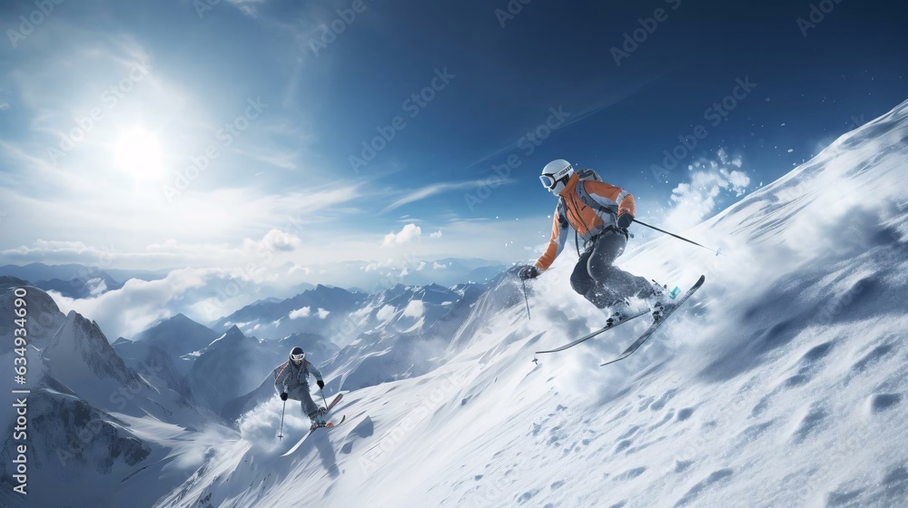 a couple of people skiing down a mountain