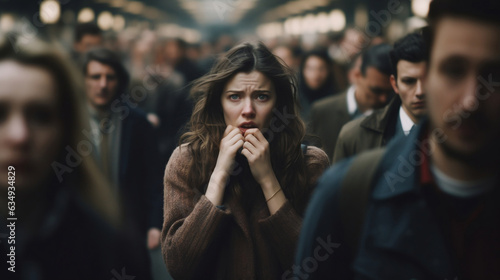 A stressed woman suffers from a panic attack or agoraphobia in the middle of a crowded street of commuters.  photo