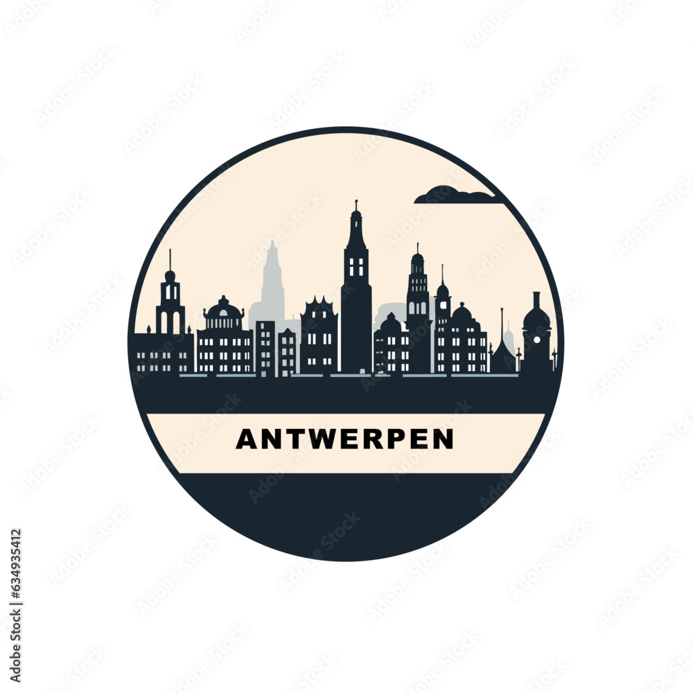 Belgium Antwerpen cityscape skyline city panorama vector flat modern logo icon. Flemish Antwerp emblem idea with landmarks and building silhouettes
