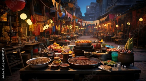 a street market with many bowls of food