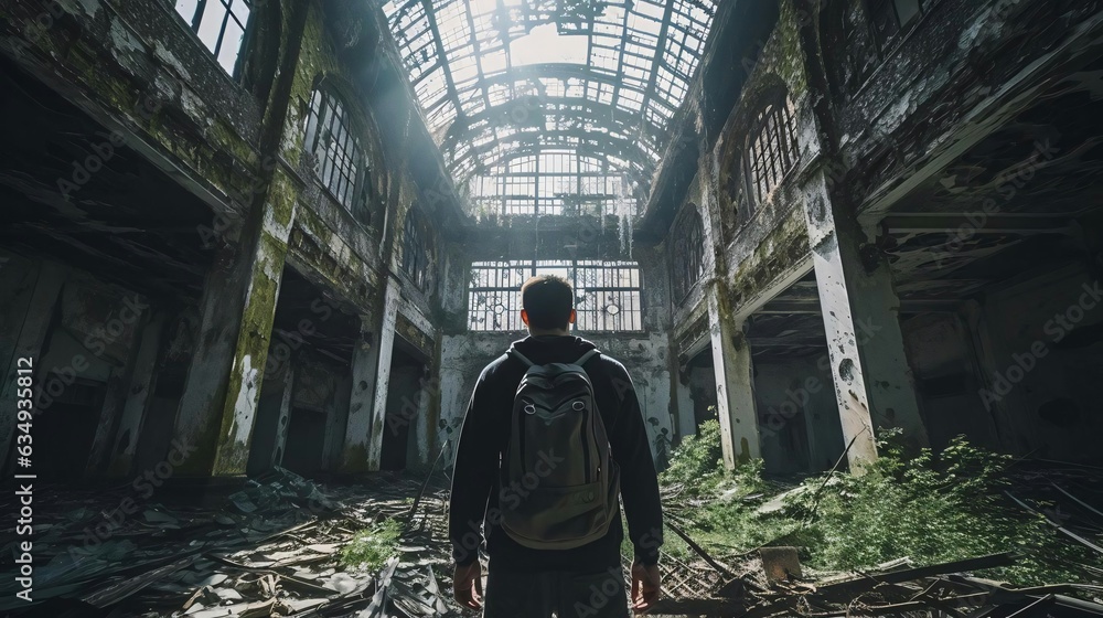 a man walking in a ruined building