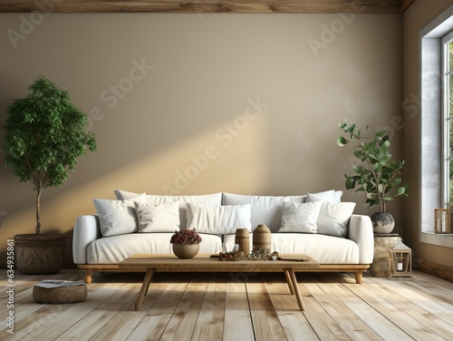 The interior of the clean living room is adorned with a sofa with modern furniture with plant pots and a natural atmosphere.