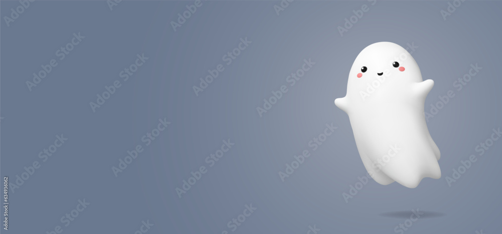 Obraz premium 3d plastic cute ghost on gray background. Halloween web banner template with copy space. Vector illustration with kawaii flying monster. Minimal background with character render.
