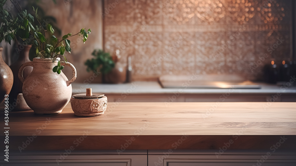 Wooden light empty table top in modern kitchen, Moroccan oriental style, kitchen panel in interior Wooden light empty table top in modern kitchen, Moroccan oriental style, kitchen panel in interior