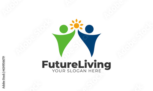 Future living two people reach the sun. Usable for social, insurance, team, business, and finance logo