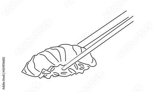 line art of hand holding chopsticks with sushi